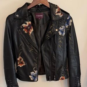 Vigoss Black Leather Jacket with Floral Embroidery